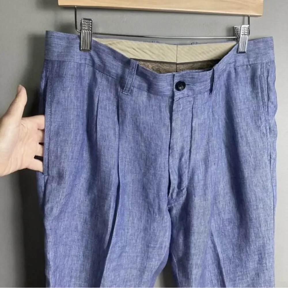 Joseph Abboud linen pants men's 33 light‎ denim blue luxury slim pleated EUC